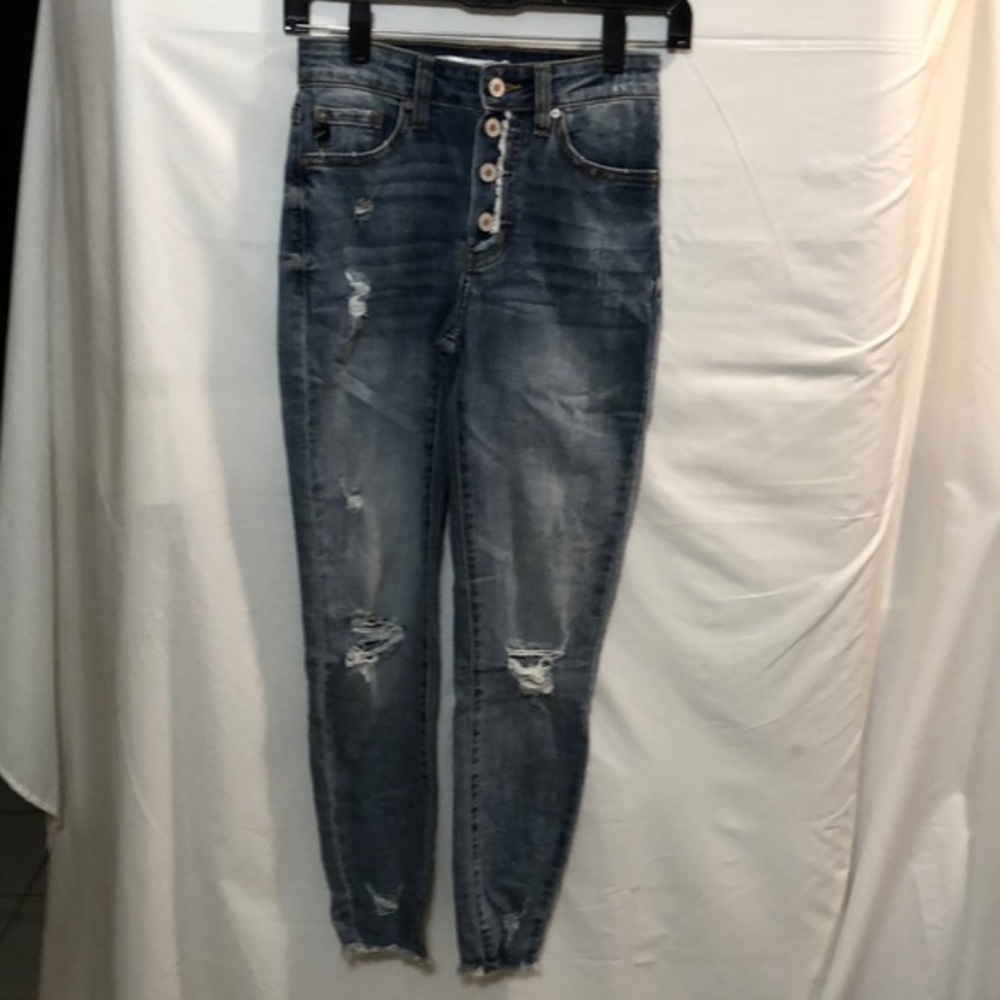 KanCan Distressed Exposed Button Fly Raw Hem Skinny Stretch Jeans